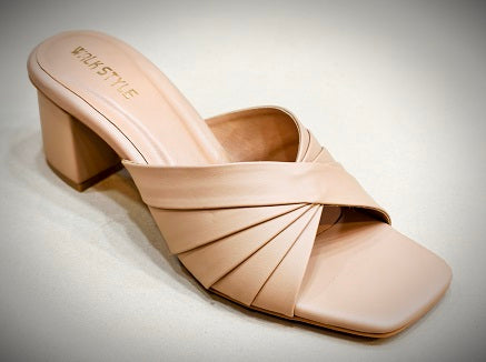 Chic Nude Pleated Block Heel Sandal