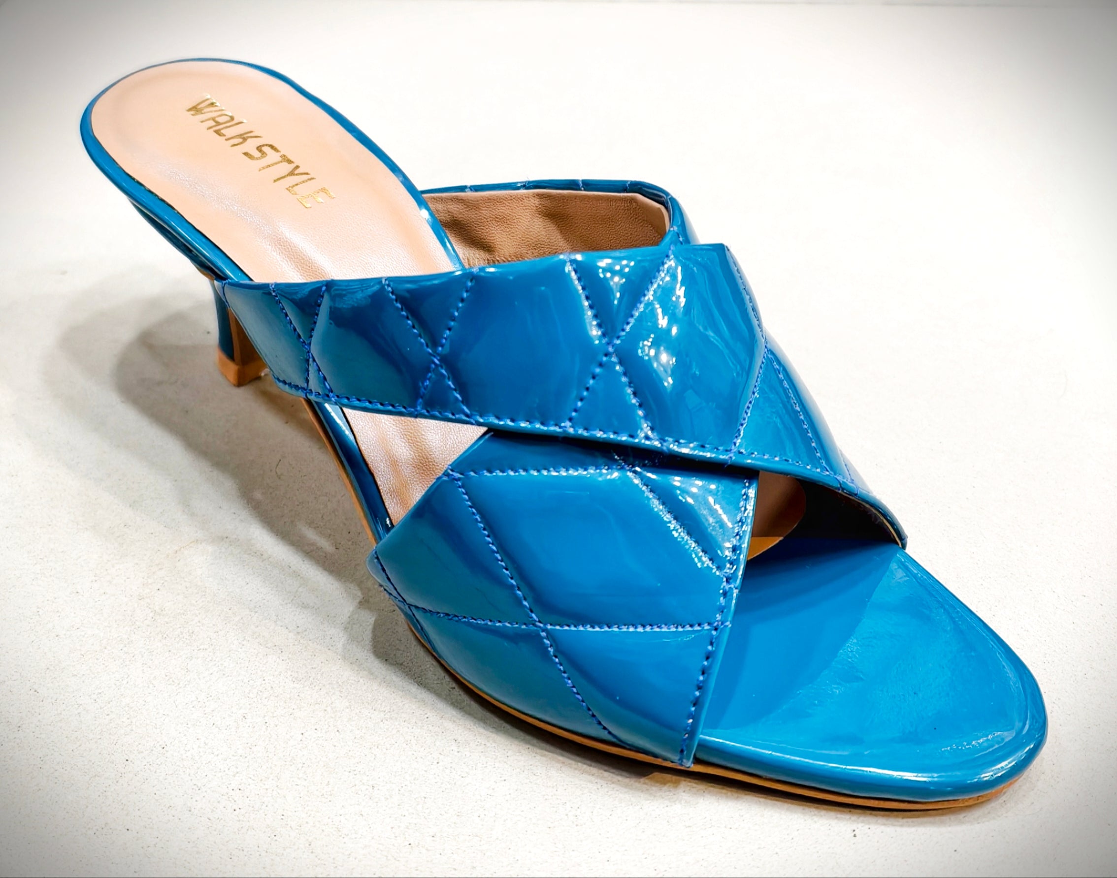 Glossy Blue Quilted Cross-Strap Mule Heels